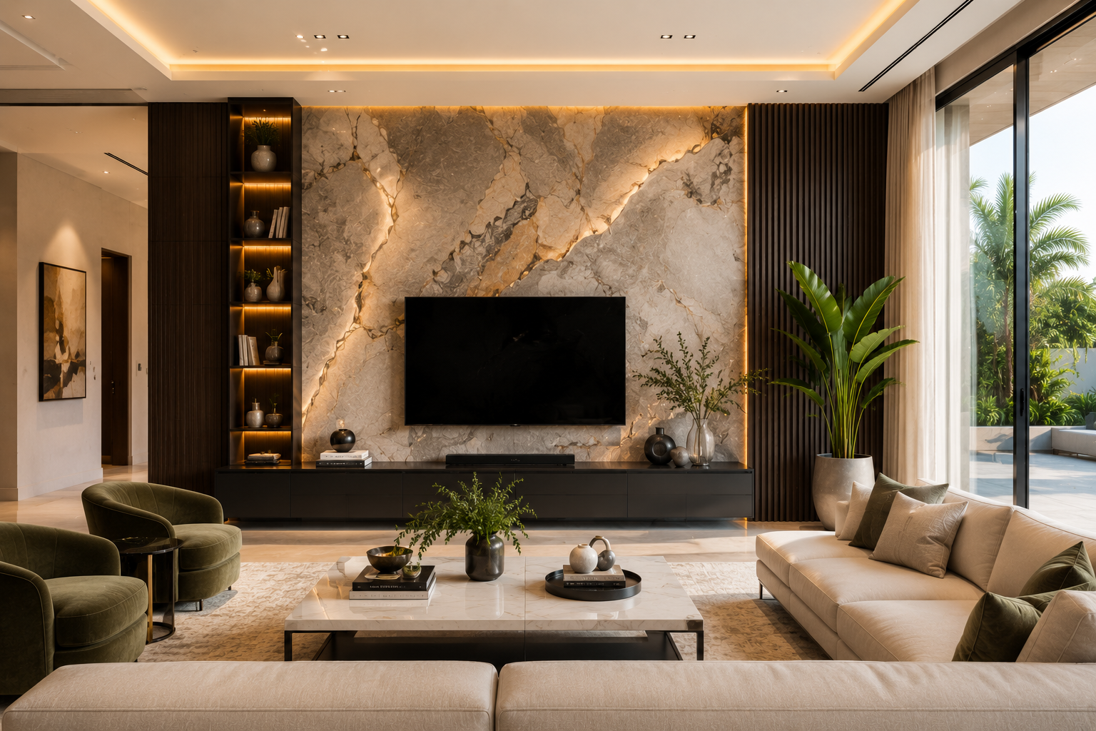 Marble statement feature wall in a modern Dubai living room