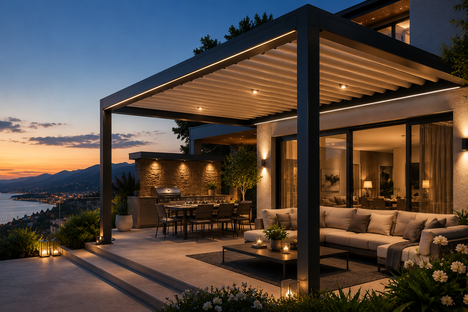 Luxury aluminum pergola shading a Dubai villa terrace at sunset