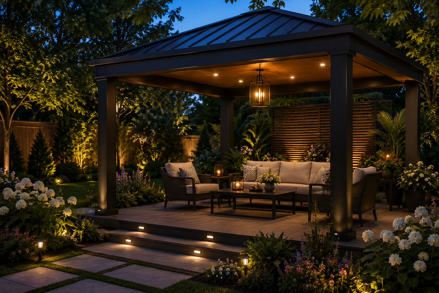 Freestanding luxury gazebo with solid roof in a Dubai villa garden