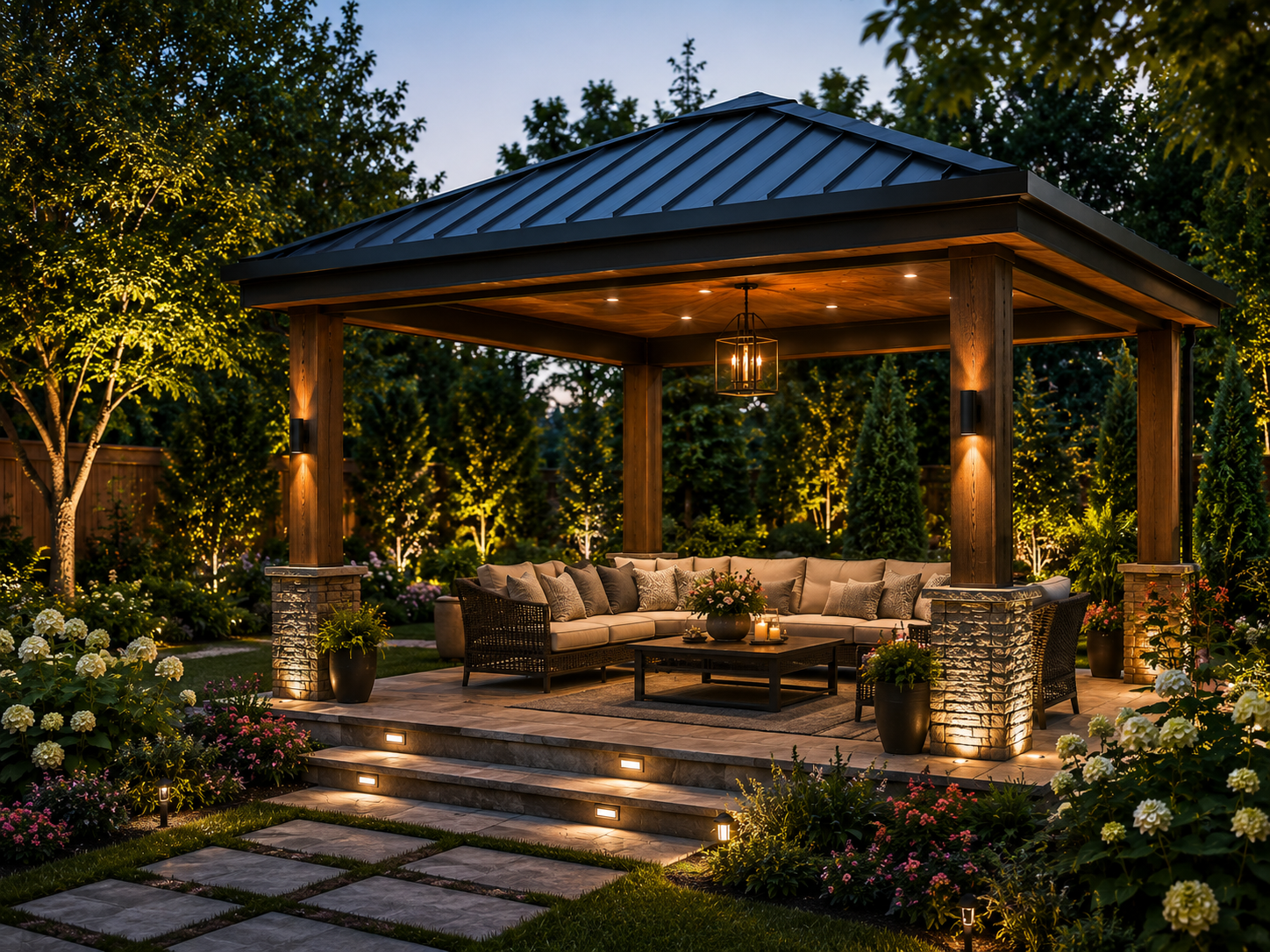Motorized louvered pergola with integrated LED lighting in Dubai