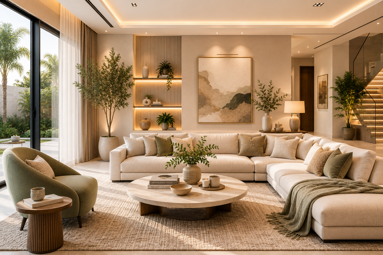 Decorative wall panelling and neutral palette in a Dubai living room