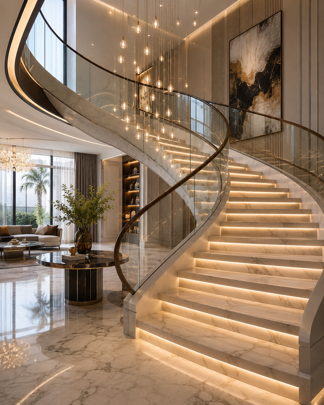 Bespoke floating staircase with glass balustrade in a luxury Dubai villa