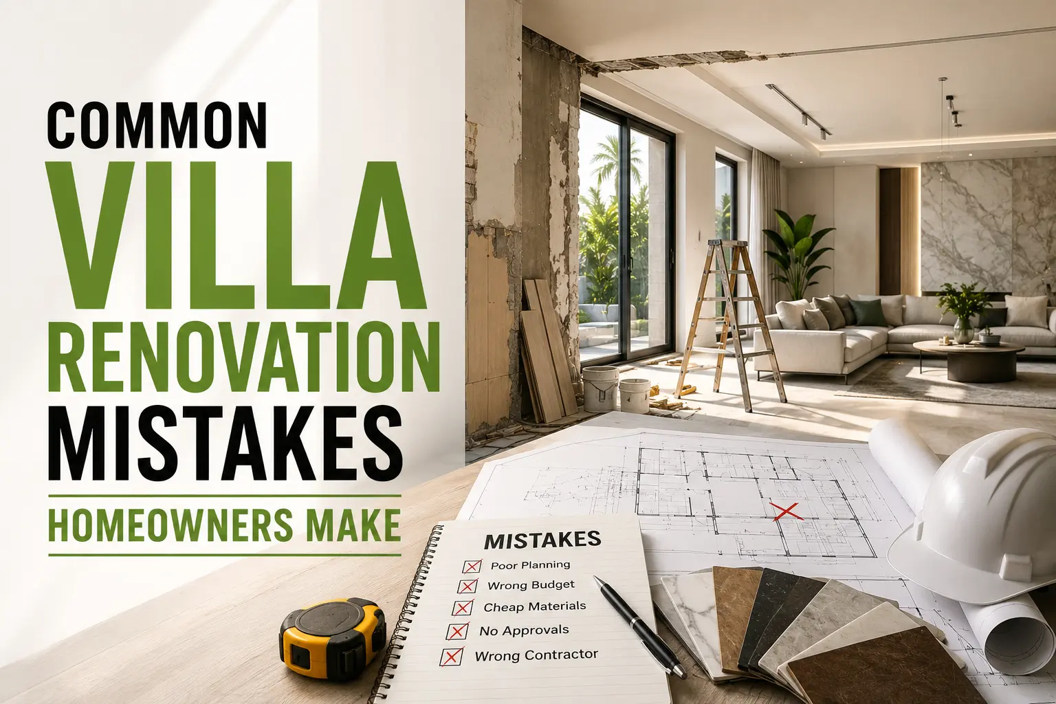 Homeowner reviewing villa renovation plans while avoiding common renovation mistakes in a modern Dubai home.