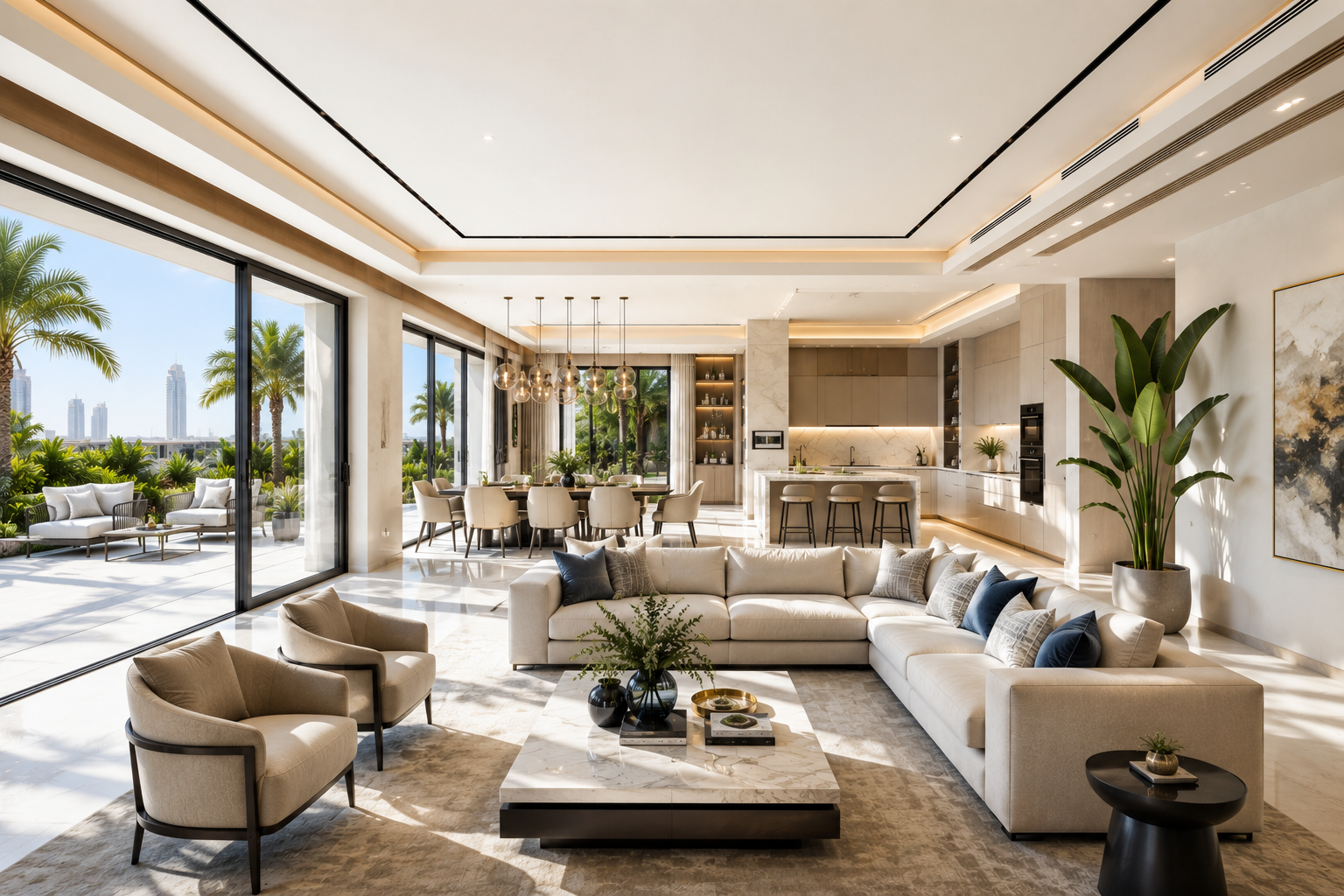 Open-plan living space with natural light in a modern Dubai home