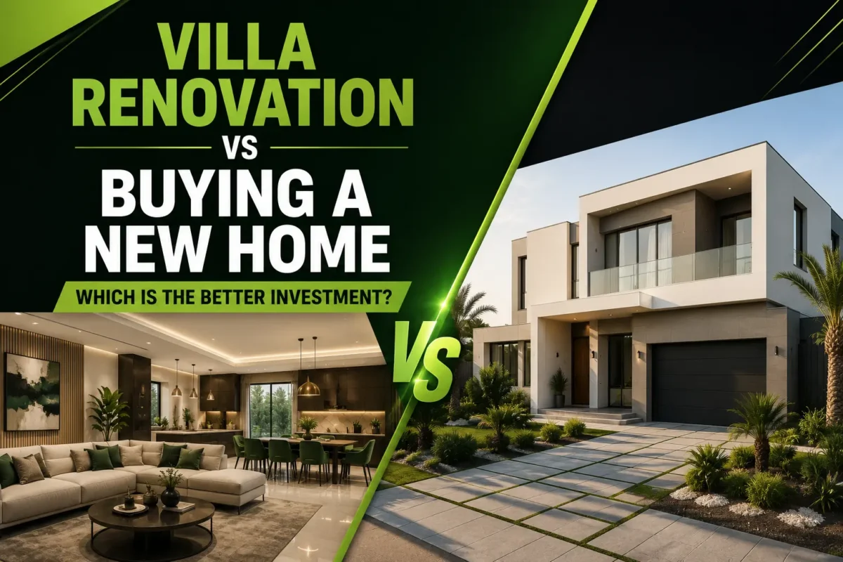Villa renovation vs buying a new home in Dubai showing a luxury renovated villa interior and a modern new home exterior.