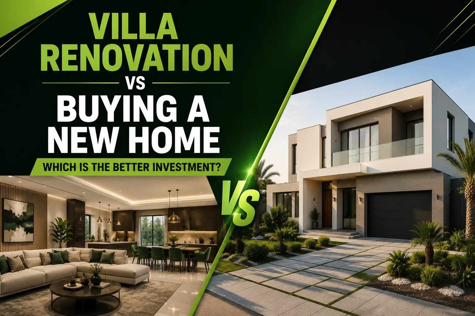 Villa renovation vs buying a new home in Dubai showing a luxury renovated villa interior and a modern new home exterior.