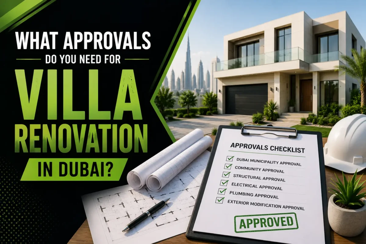 Modern villa renovation approval process in Dubai showing architectural plans, permit checklist, and a luxury villa.