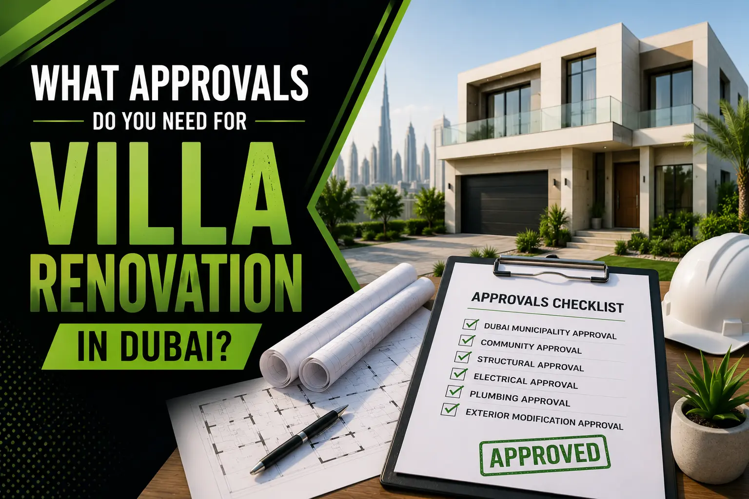 Modern villa renovation approval process in Dubai showing architectural plans, permit checklist, and a luxury villa.