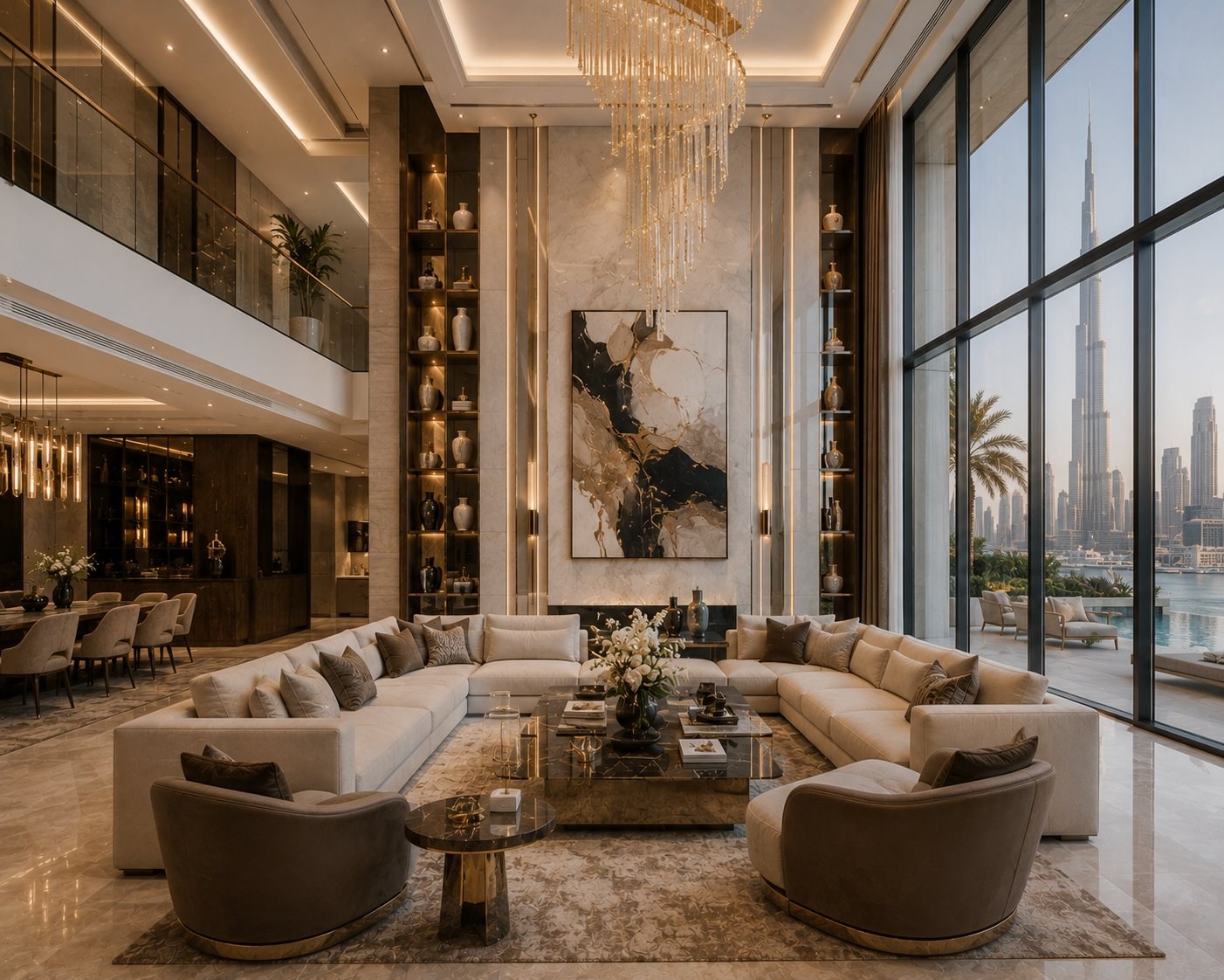 Luxury Dubai villa interior with premium finishes and Burj Khalifa view