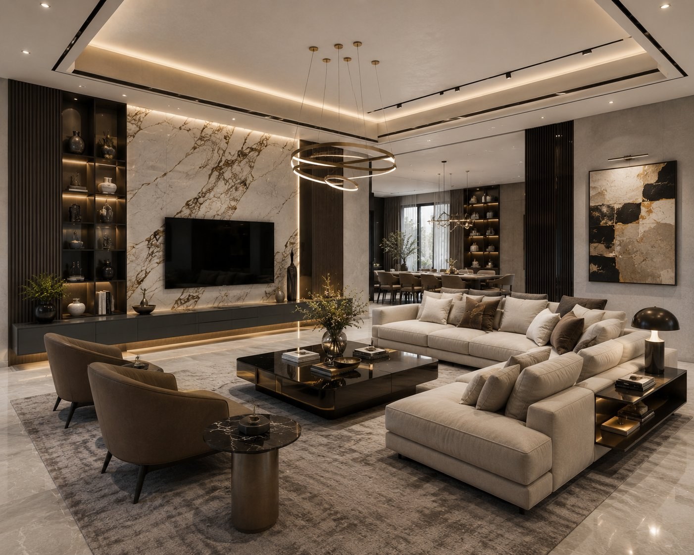 Luxury living room with marble feature wall and designer pendant lighting