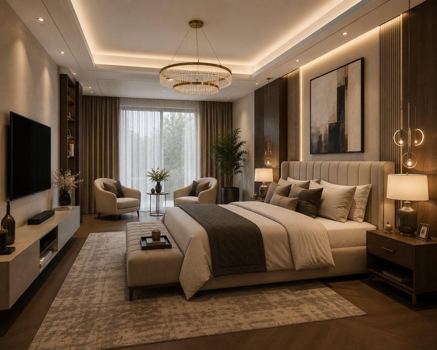 Elegant master bedroom interior with warm lighting and custom furniture