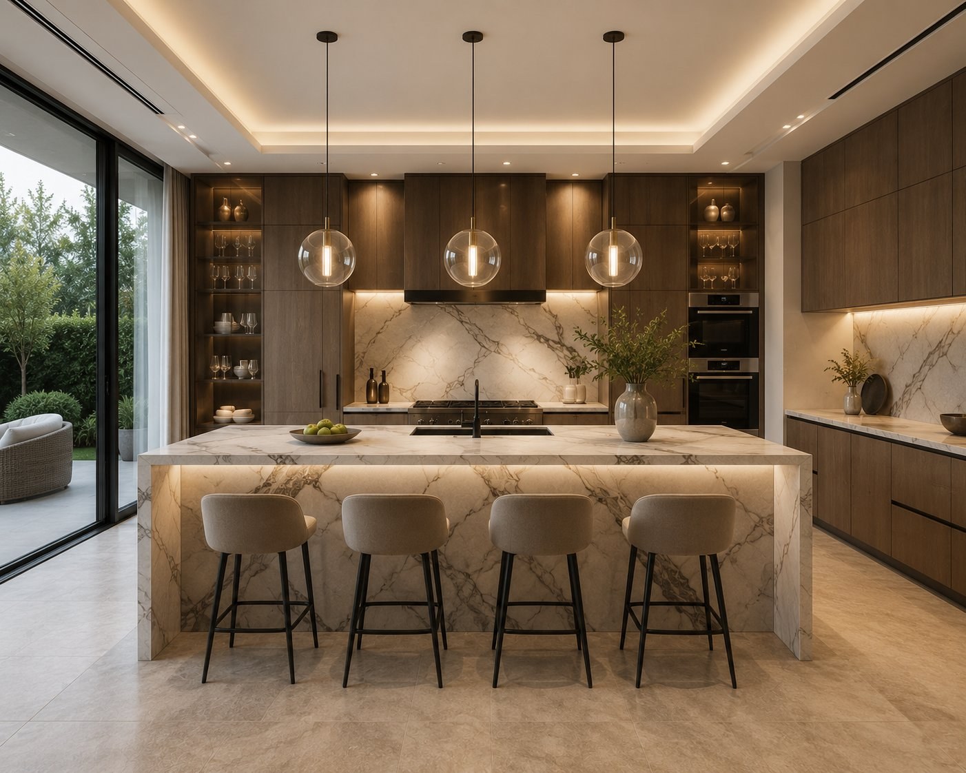 Modern luxury kitchen with marble island and glass pendant lighting in Dubai