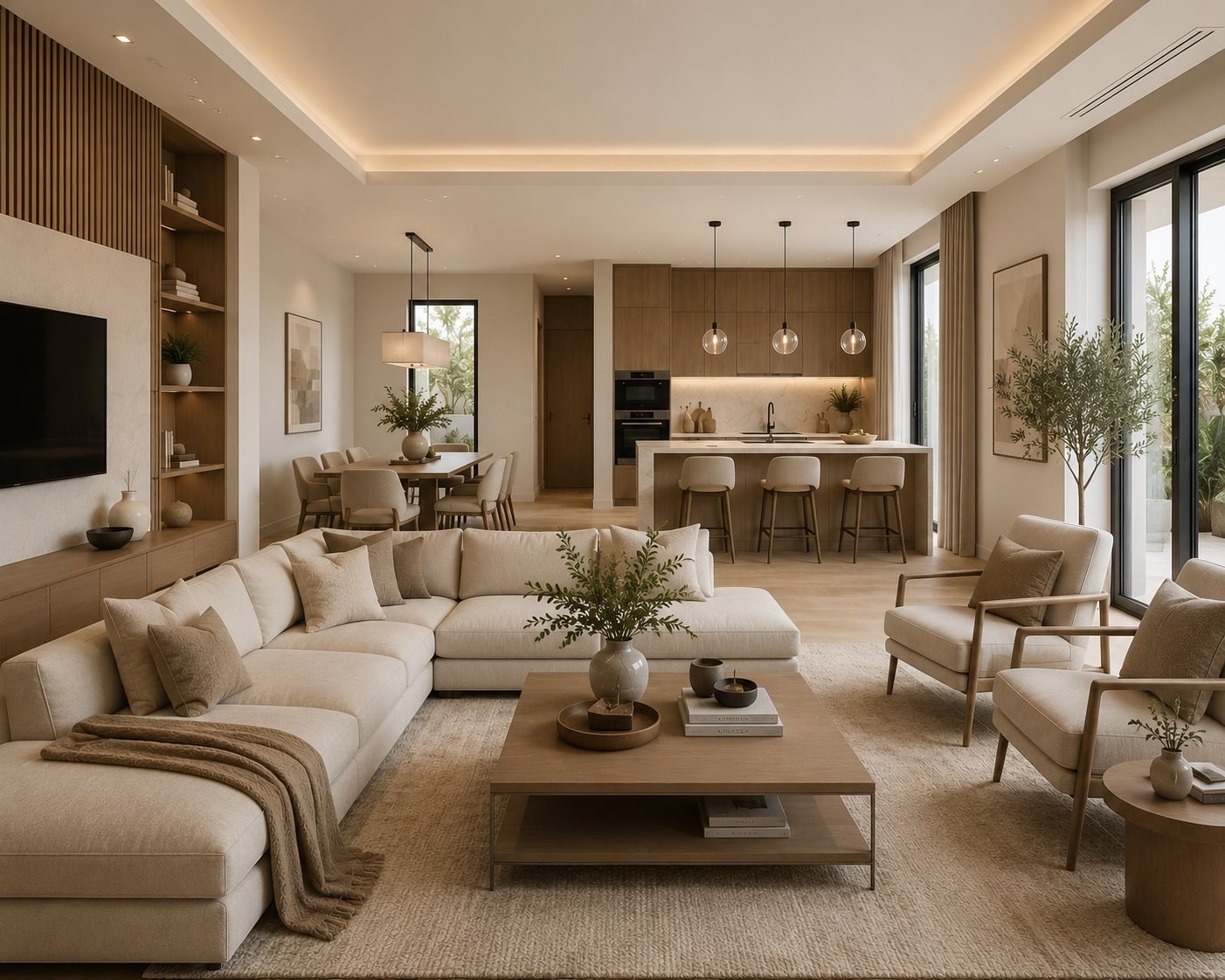 Neutral color palette living room with beige furniture and wooden accents