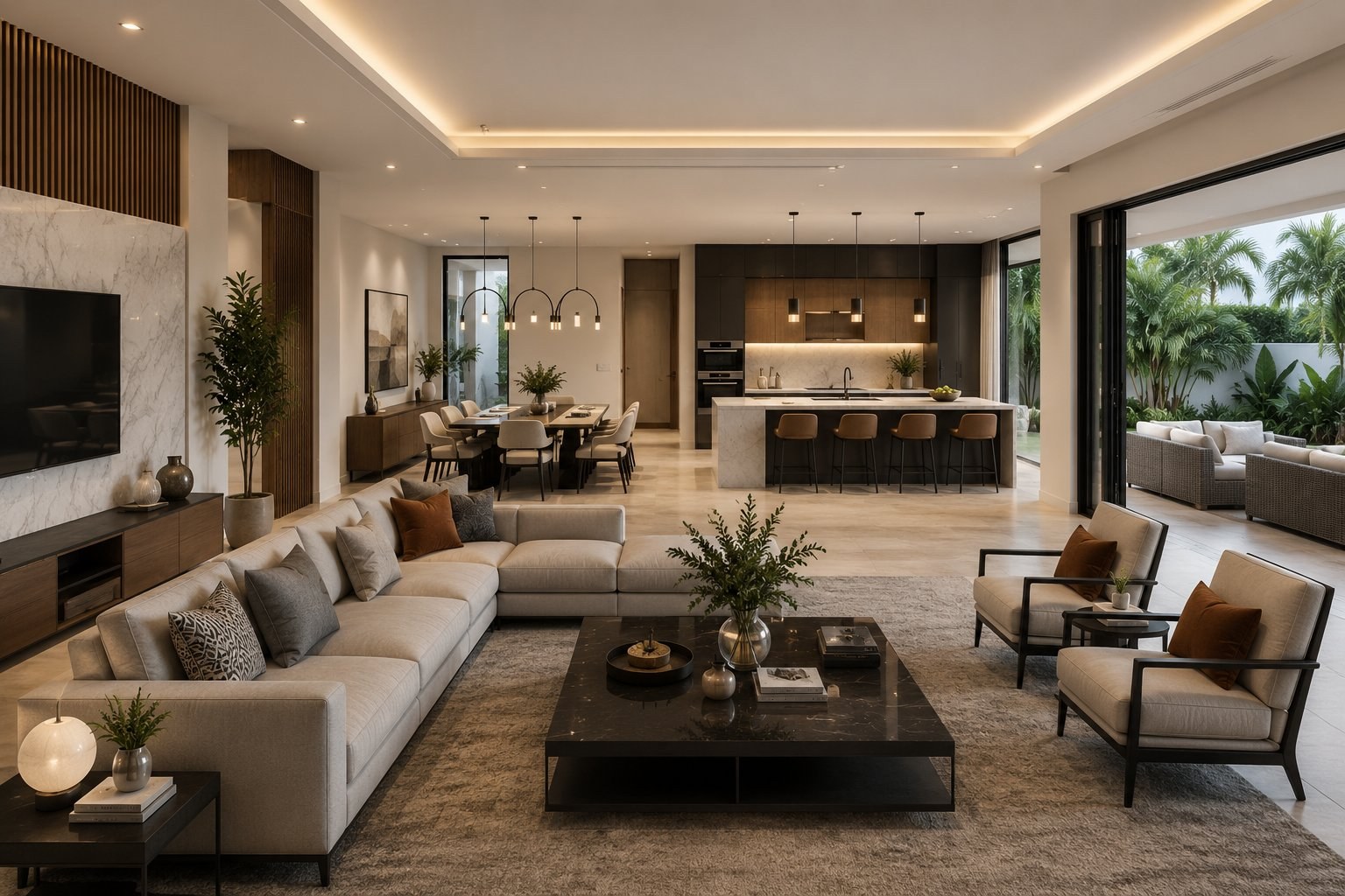 Open-concept living room connected to dining and kitchen in a modern home