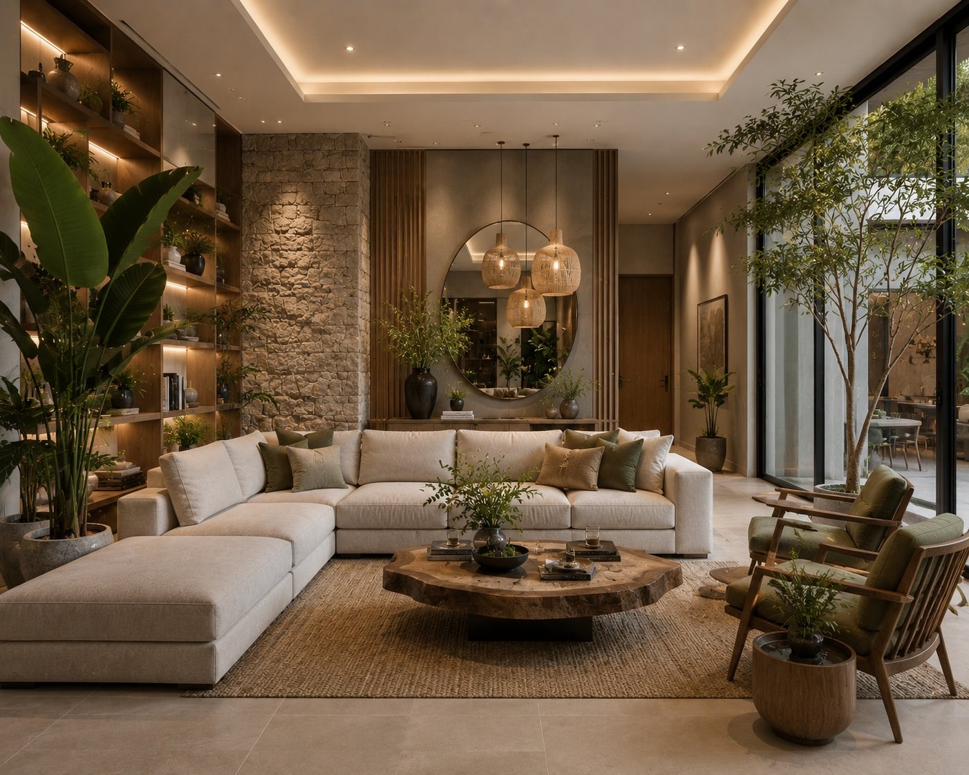 Organic interior design with indoor plants and natural textures