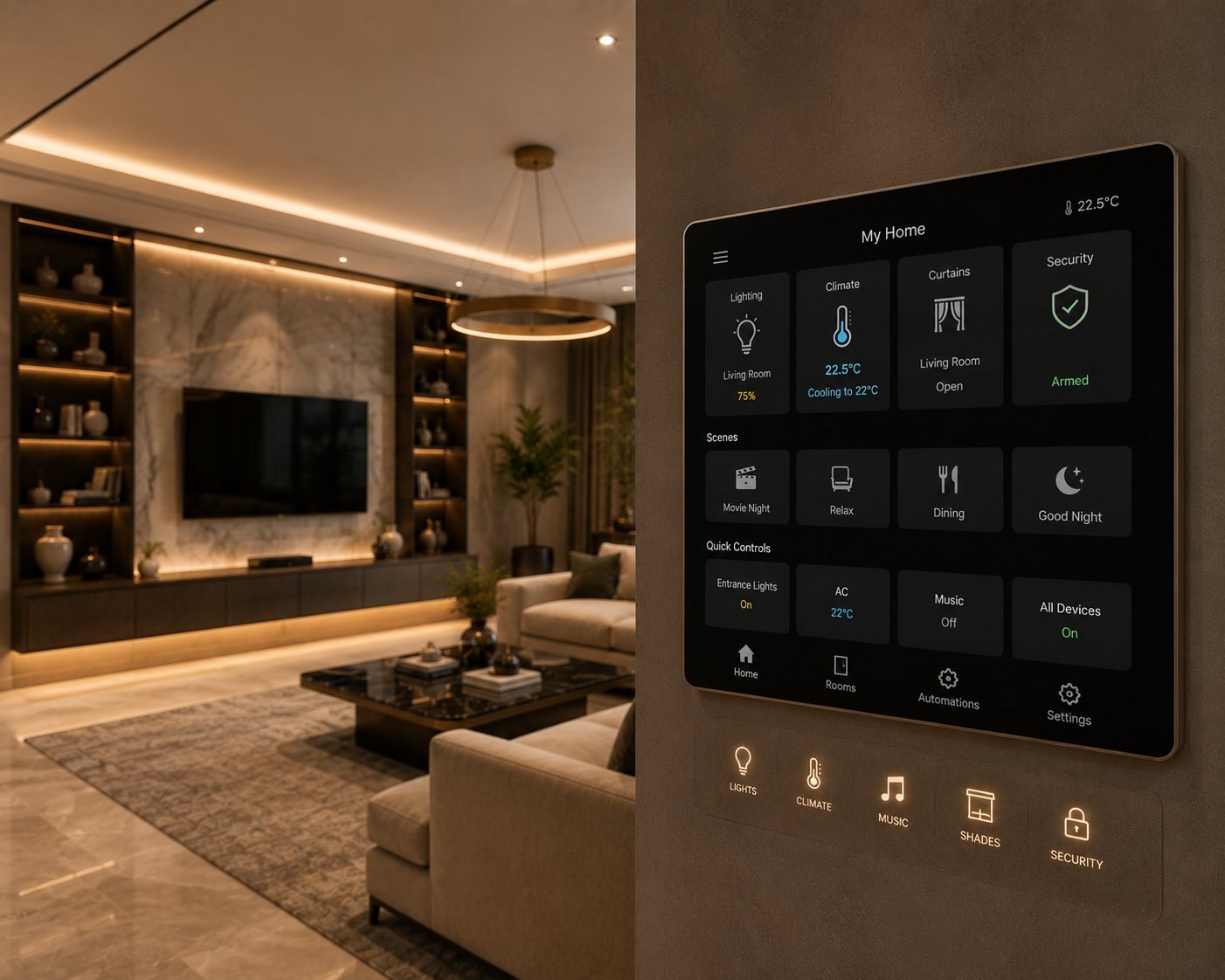 Smart home control panel interface in a luxury living room