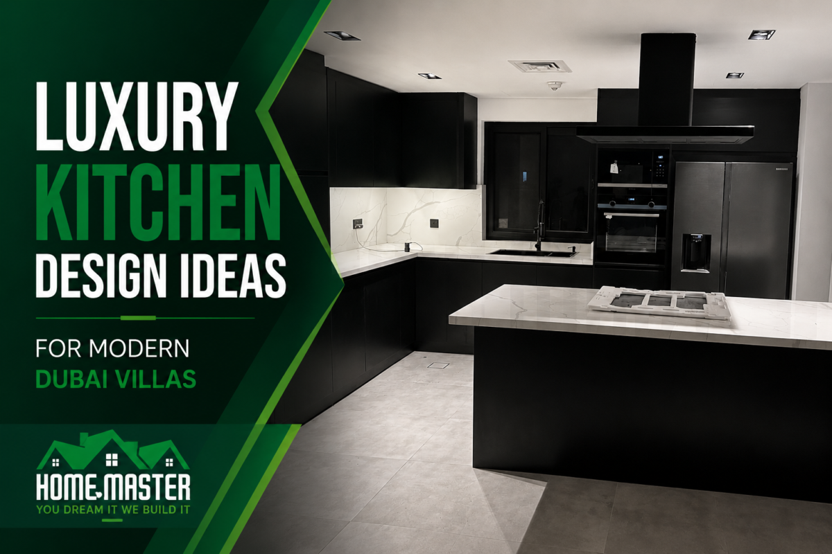 Luxury modern kitchen design in a Dubai villa featuring elegant cabinetry, premium island, contemporary lighting, and open-plan living
