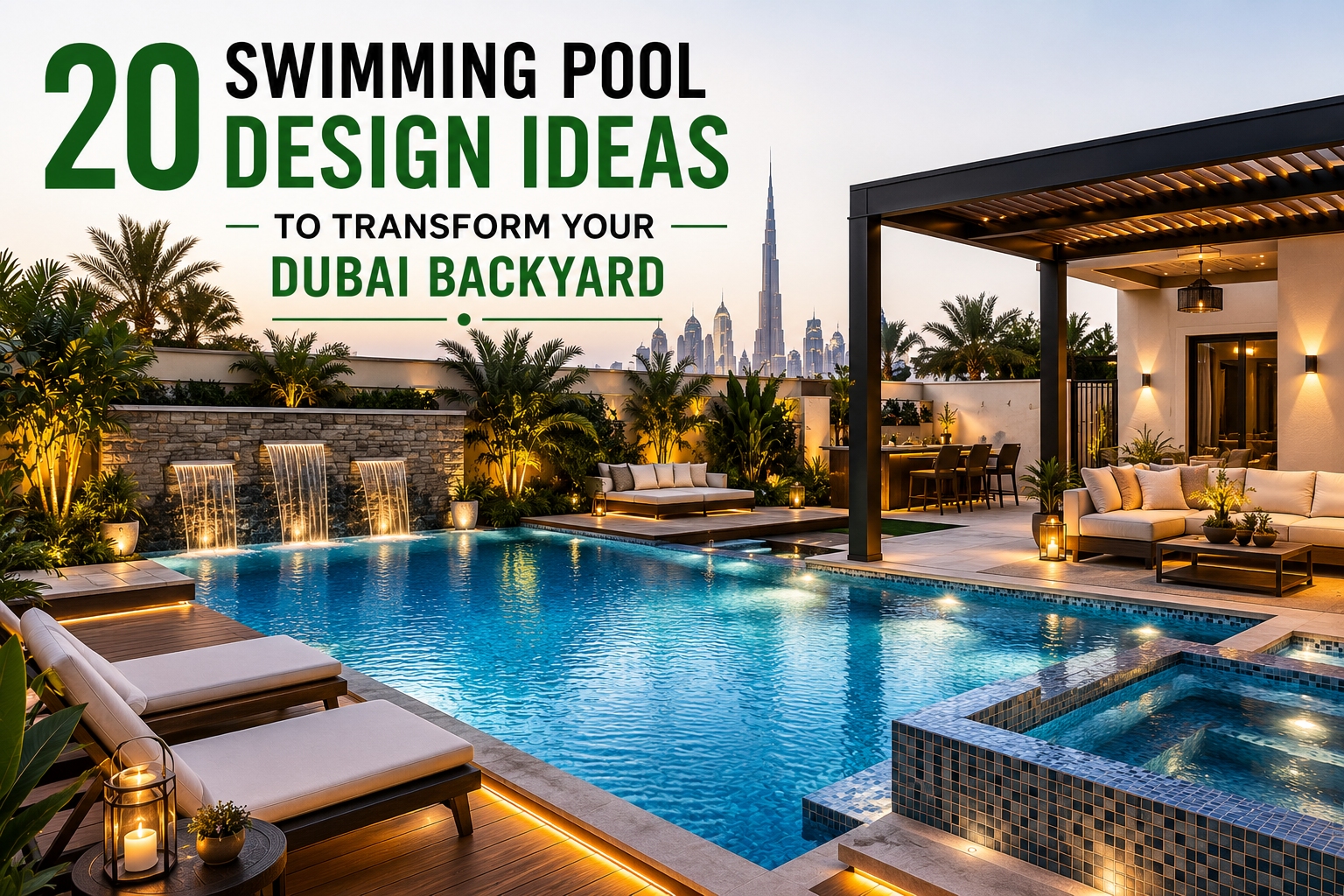 Luxury swimming pool design ideas for modern Dubai villa backyards with landscaping and outdoor living space