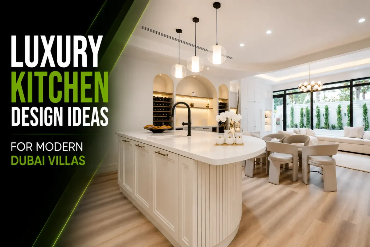 Luxury modern kitchen design in a Dubai villa featuring elegant cabinetry, premium island, contemporary lighting, and open-plan living