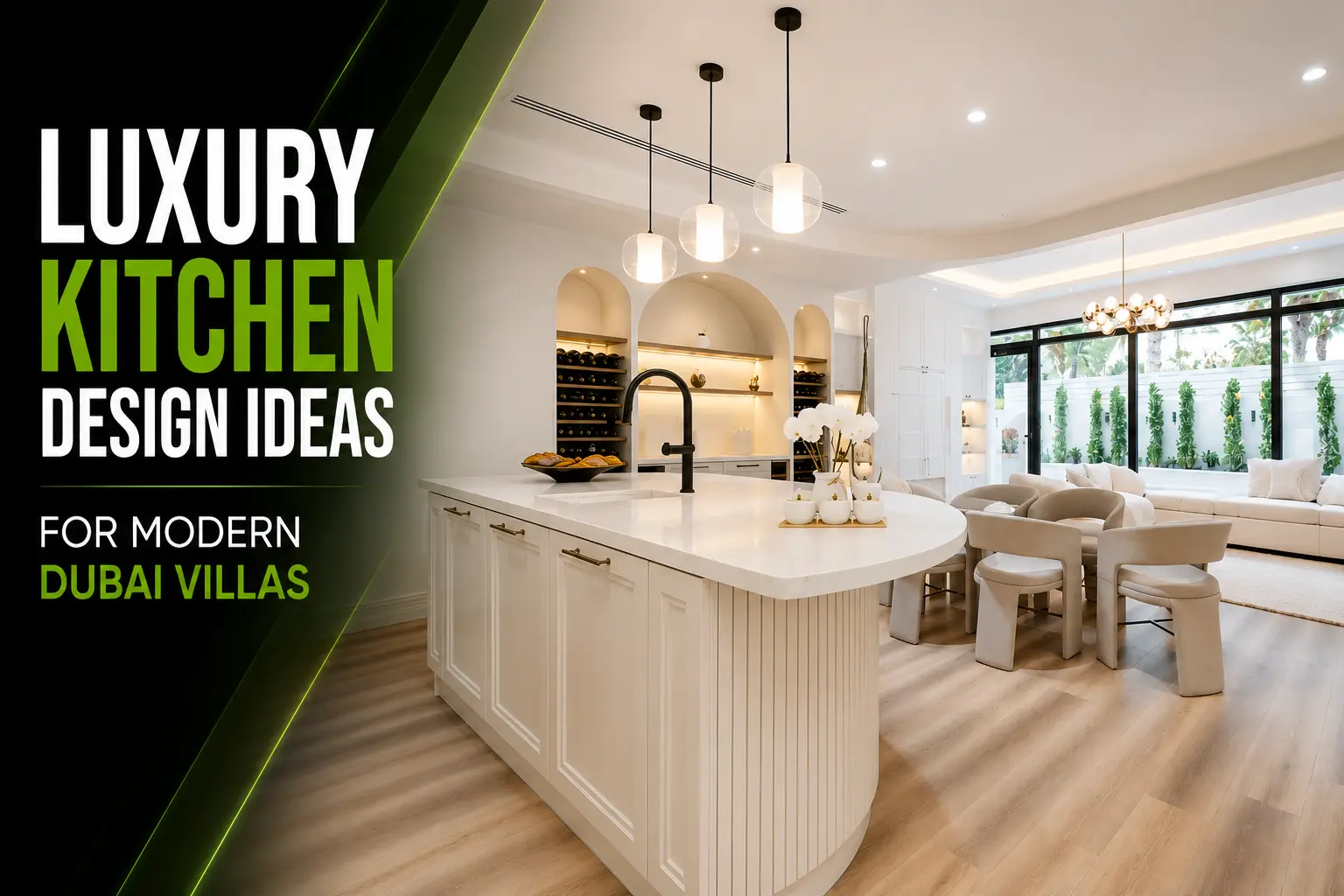 Luxury modern kitchen design in a Dubai villa featuring elegant cabinetry, premium island, contemporary lighting, and open-plan living