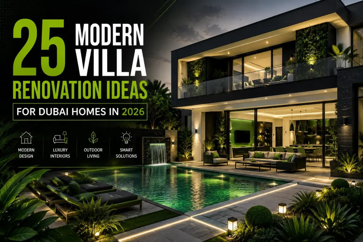 Luxury modern villa renovation ideas for Dubai homes featuring contemporary architecture, landscaped outdoor living, and elegant interiors