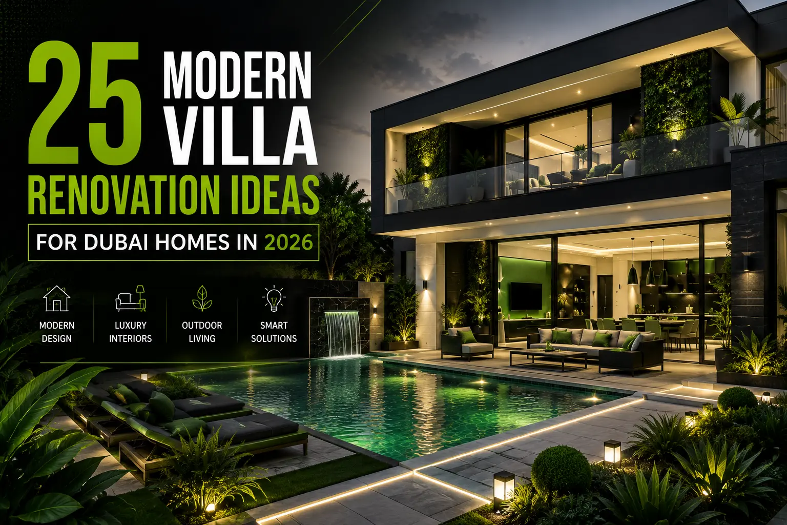 Luxury modern villa renovation ideas for Dubai homes featuring contemporary architecture, landscaped outdoor living, and elegant interiors